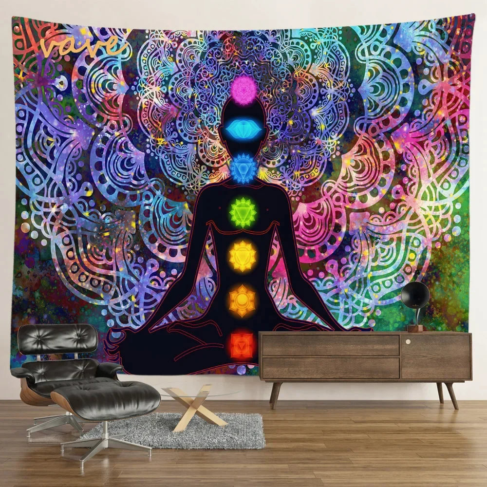 Indian Buddha Statue Meditation 7 Chakra Tapestry