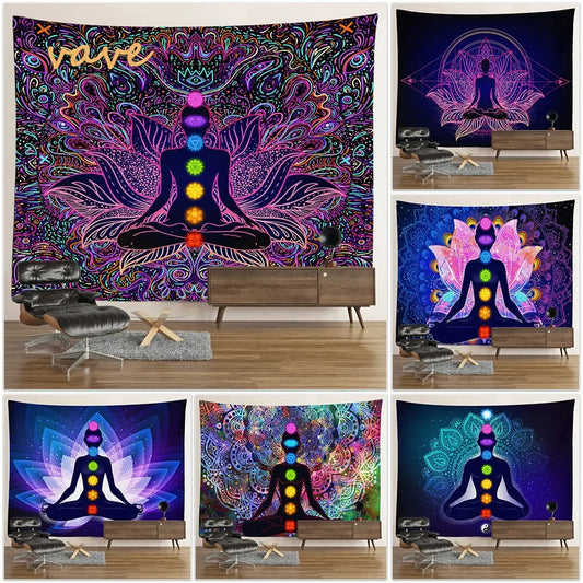 Indian Buddha Statue Meditation 7 Chakra Tapestry